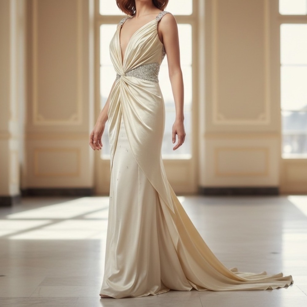 Tony Bowls Mon Cheri 100% Silk Crystal Beaded Ivory Bridal Prom Gown Train Sz 2